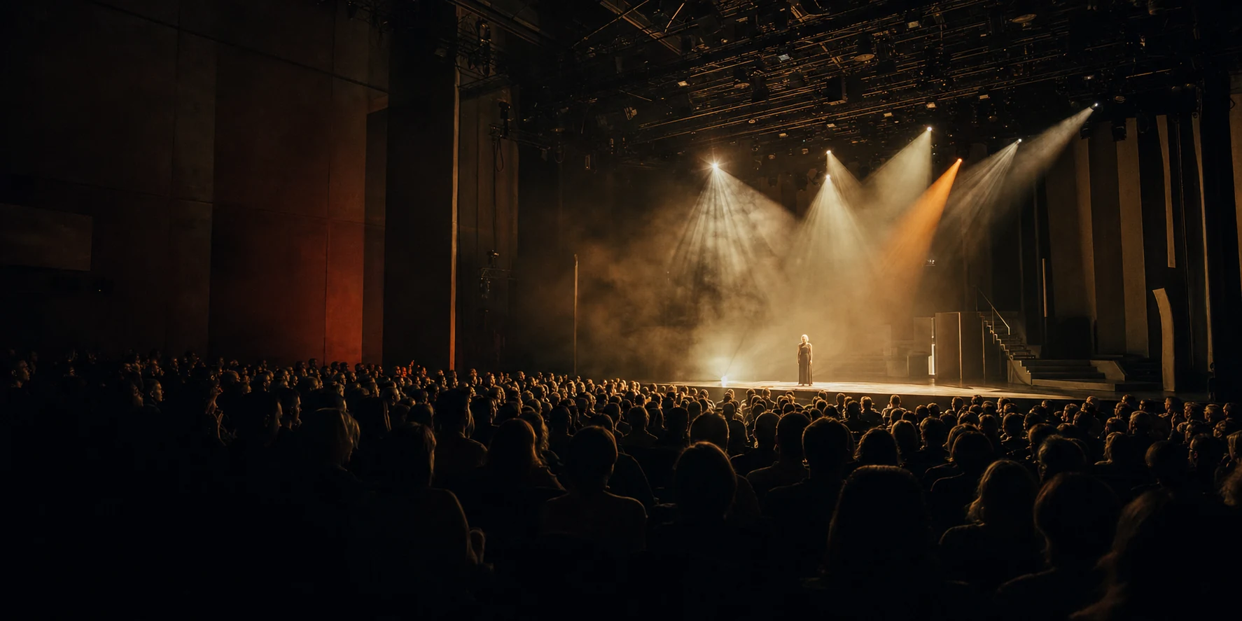 Een theaterpubliek kijkt naar een performer in strak, warm toneellicht