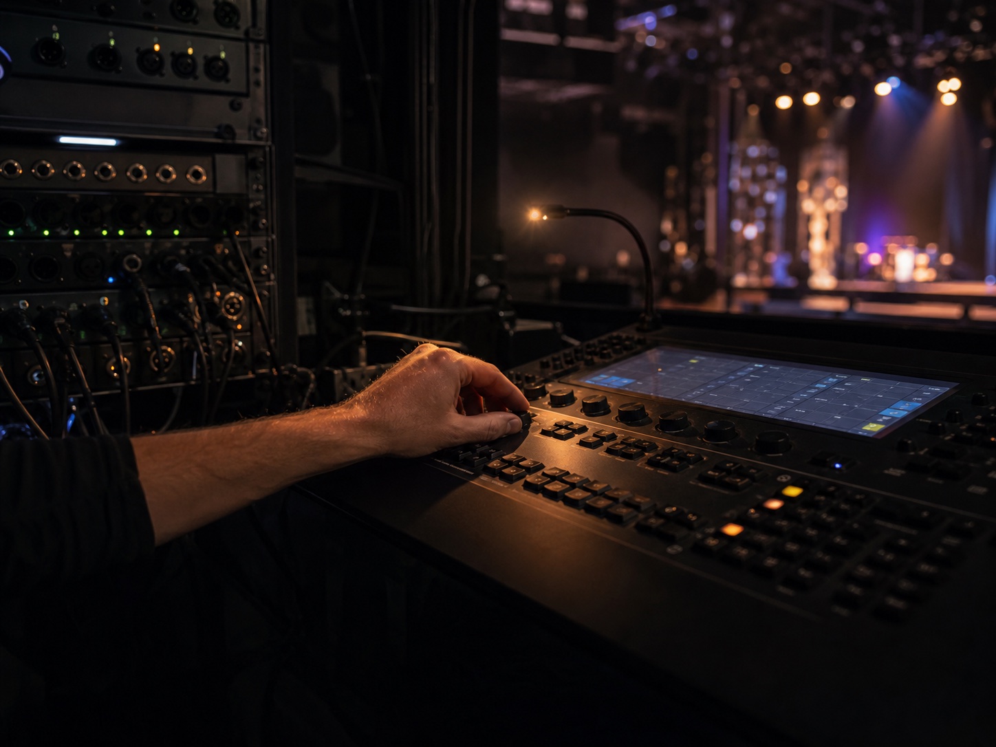 A hand on a lighting console with the stage in the background